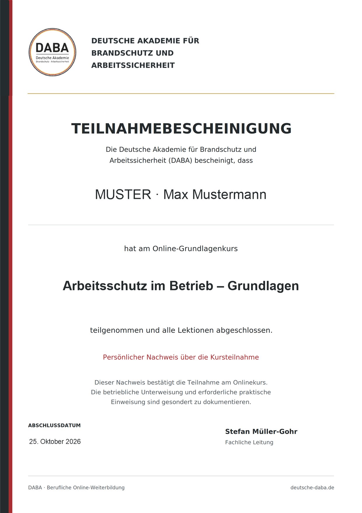 Muster der Teilnahmebescheinigung Arbeitssicherheit Grundlagen
