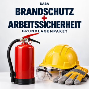 Grundlagenpaket Brandschutz und Arbeitssicherheit: Feuerlöscher, Schutzhelm, Schutzbrille und Arbeitshandschuhe